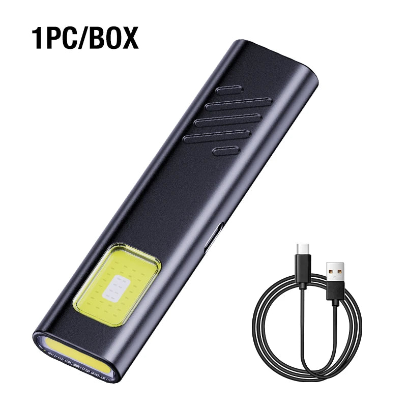 Black electronic device with a yellow label and USB cable on a white background