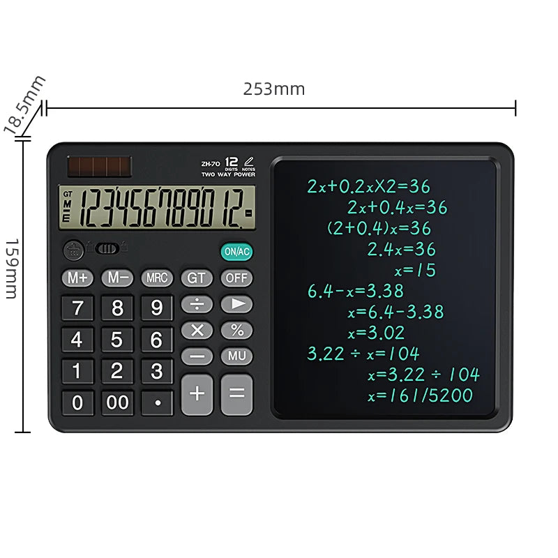Black calculator with digital display and large screen showing calculations on a white background
