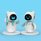 Two white and green robots with smiling faces on a blue background