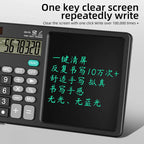 A black digital writing tablet calculator with a large screen showing green Chinese text, alongside a smaller LCD display. The image includes promotional text at the top describing its screen-clearing feature.