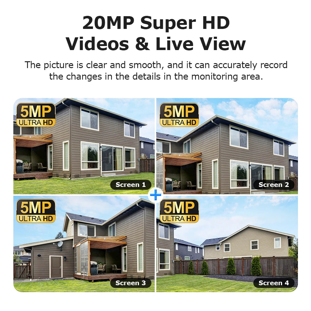 Promotional graphic for a 20MP Super HD video and live view camera system, showing four sample house exterior screens with '5MP ULTRA HD' badges and text describing clear, smooth recording.
