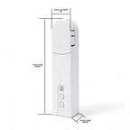 White electronic device with dimensions labeled on a white background