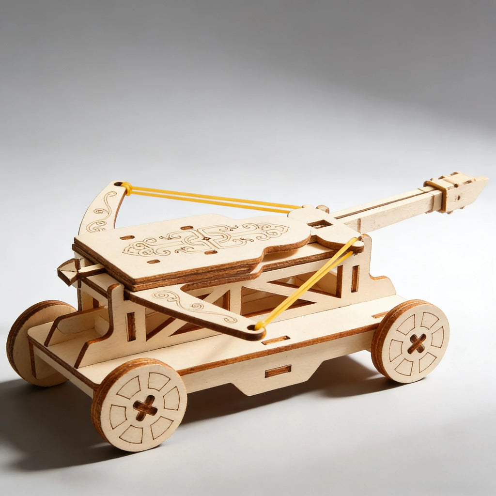 Wooden model of a trebuchet on a gray background
