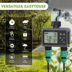 Digital garden timer with features displayed on a screen, set against a garden background.