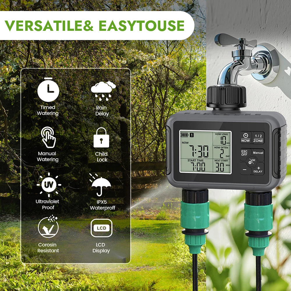 Digital garden timer with features displayed on a screen, set against a garden background.