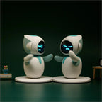 Two white robot figurines with blue accents on a dark background