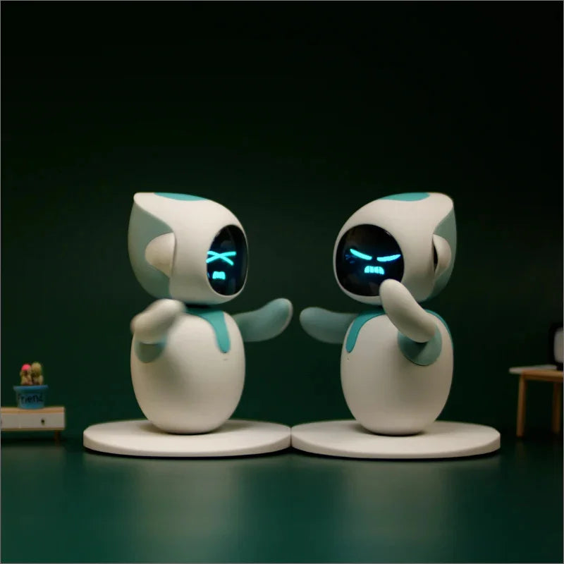 Two white robot figurines with blue accents on a dark background