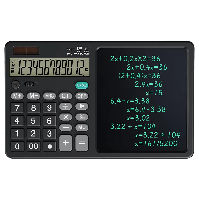 Black calculator with digital display and mathematical equations on screen
