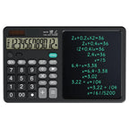 Black calculator with digital display and mathematical equations on screen