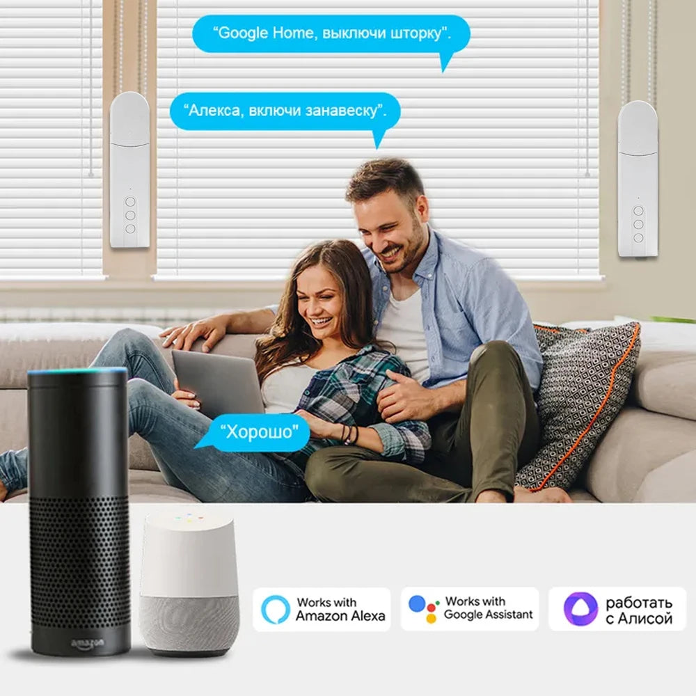 Couple sitting on a couch using a tablet with smart home devices in the foreground.