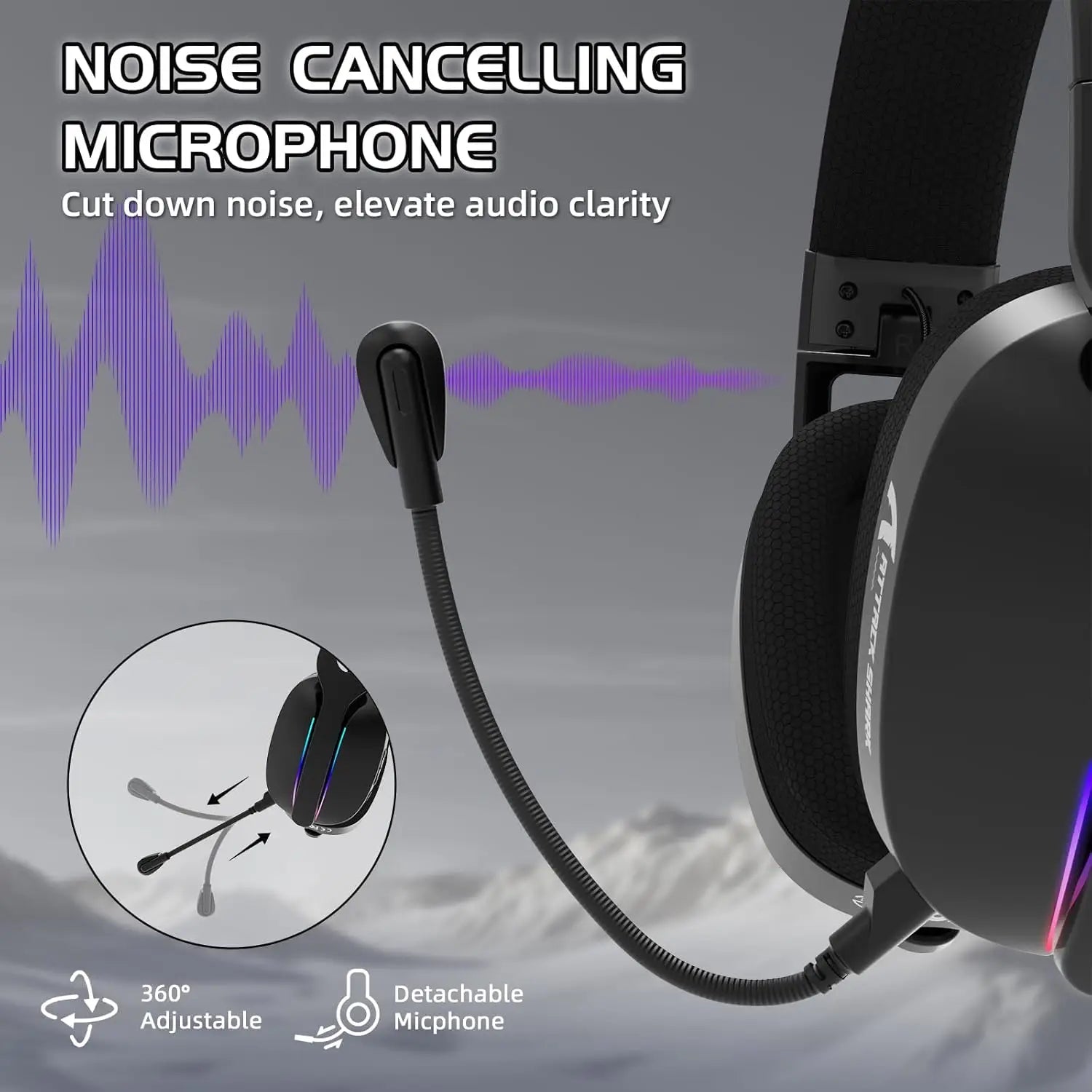 Headphones with noise cancelling microphone feature on a gray background