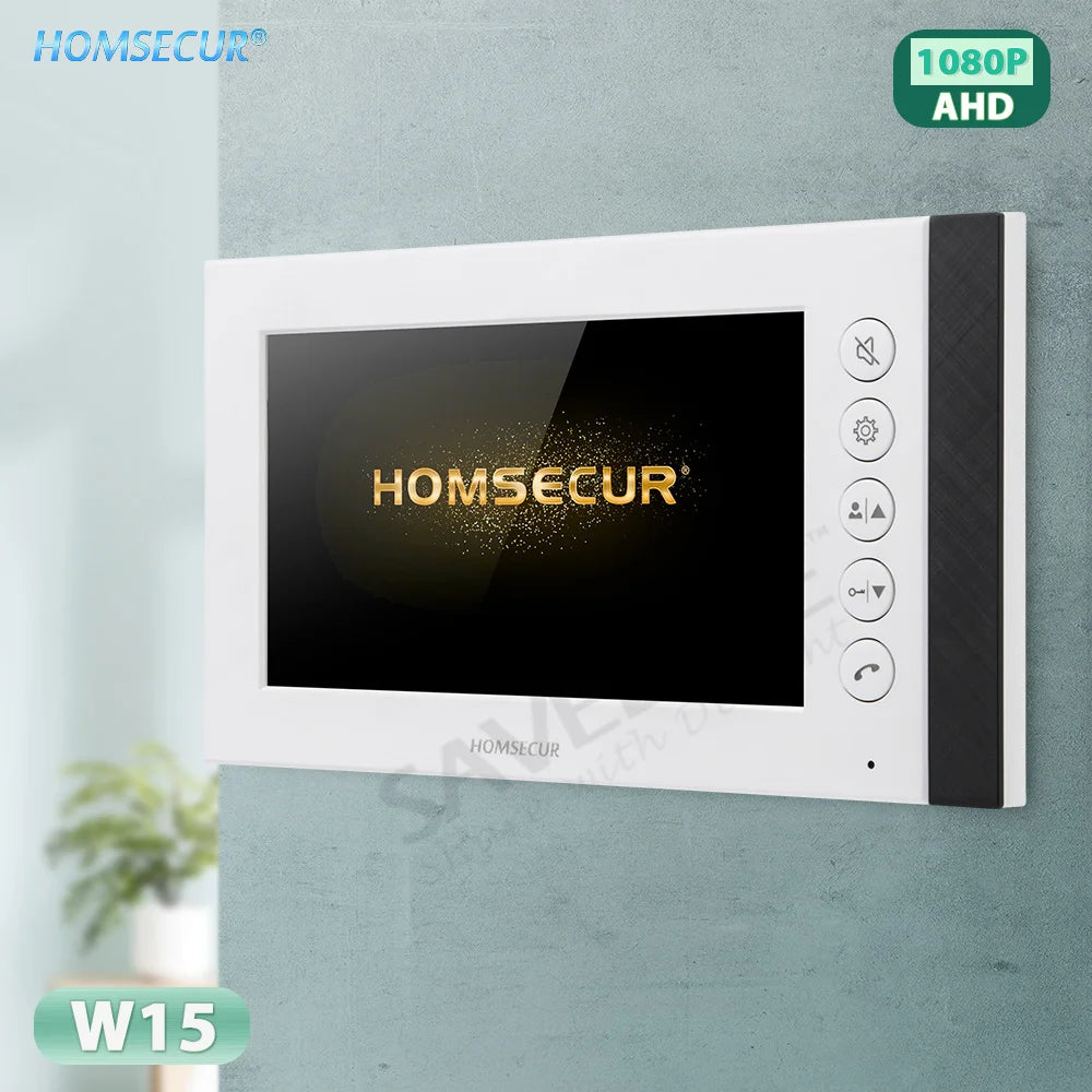 White HOMSECUR W15 video intercom wall panel with a black screen and side buttons, mounted on a textured light blue-gray wall.