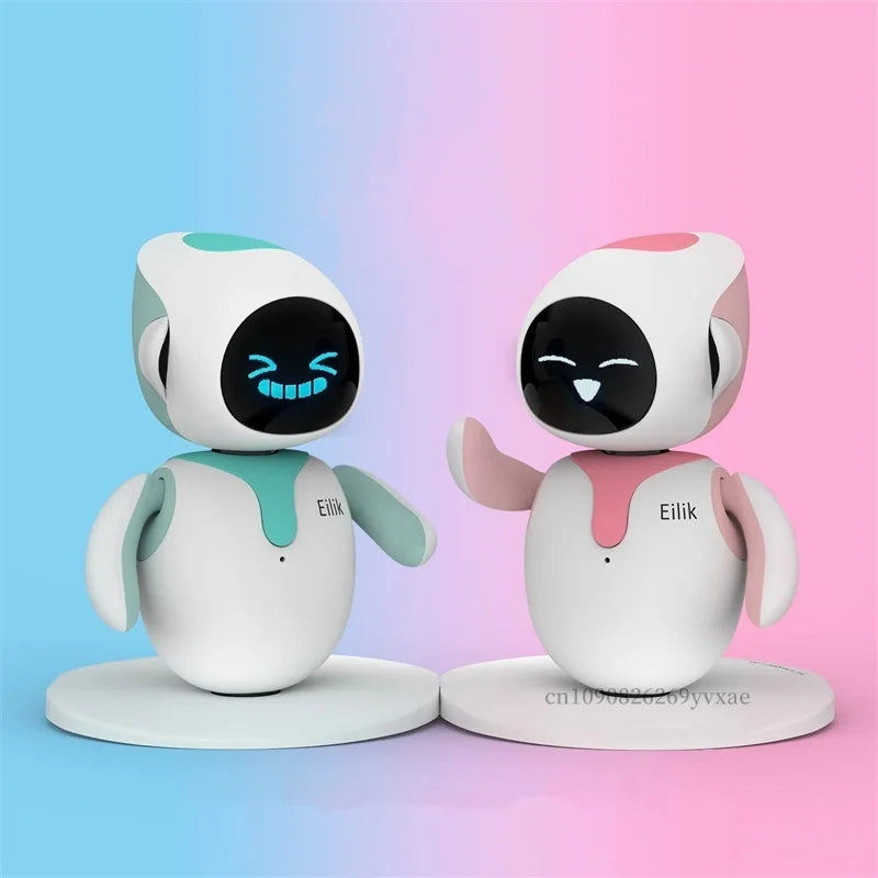 Two robot toys, one blue and one pink, on a gradient background