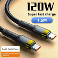 Black and gold USB-C cable with '120W Super fast charge' text on a beige background.Dual Type C charging Cable.