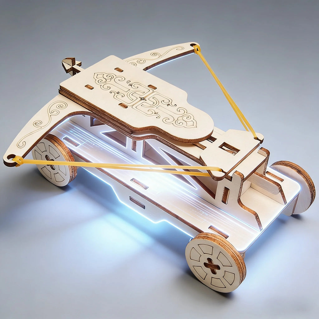 Wooden model of a cart with decorative elements on a gray background