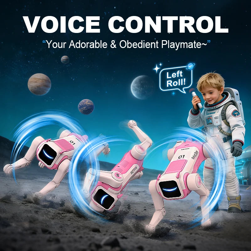 Toy robot on the moon with a child in astronaut suit and space-themed background