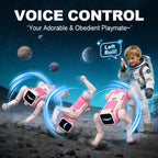 Toy robot on the moon with a child in astronaut suit and space-themed background
