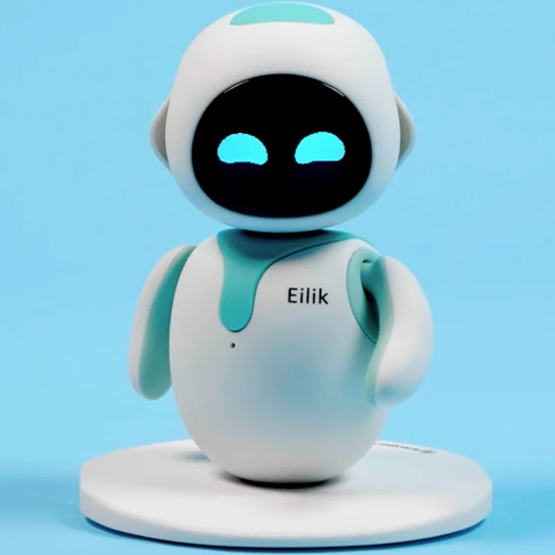 White and teal robot toy with 'Eilik' branding on a blue background