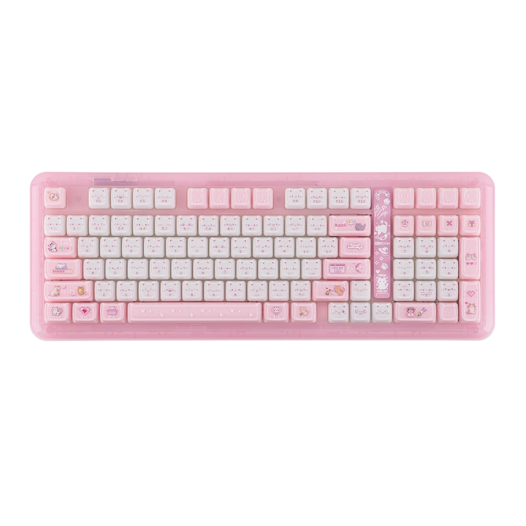 Pink keyboard with decorative keys on a white background