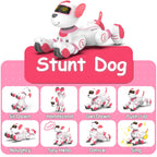 Toy dog with various actions displayed on a pink background