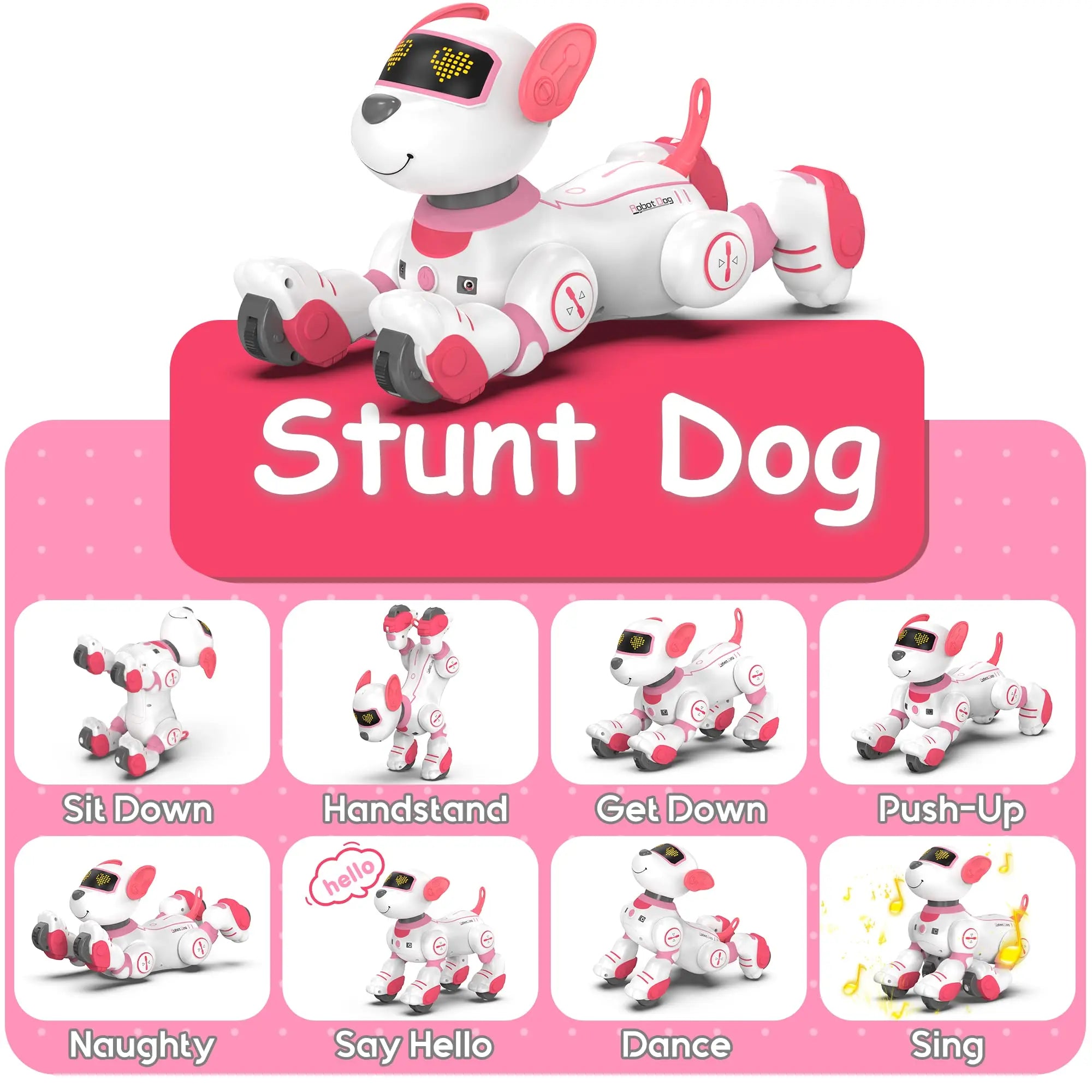 Toy dog with various actions displayed on a pink background