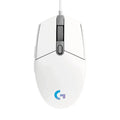 White gaming mouse with a visible brand logo on a white background