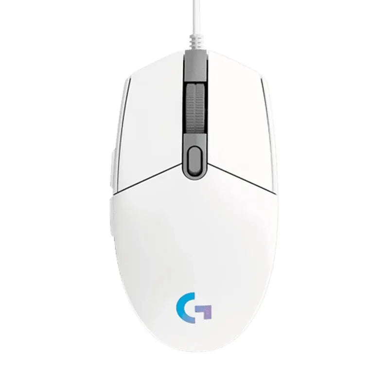 White gaming mouse with a visible brand logo on a white background