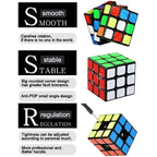 Rubik's Cube with text describing features on a white background