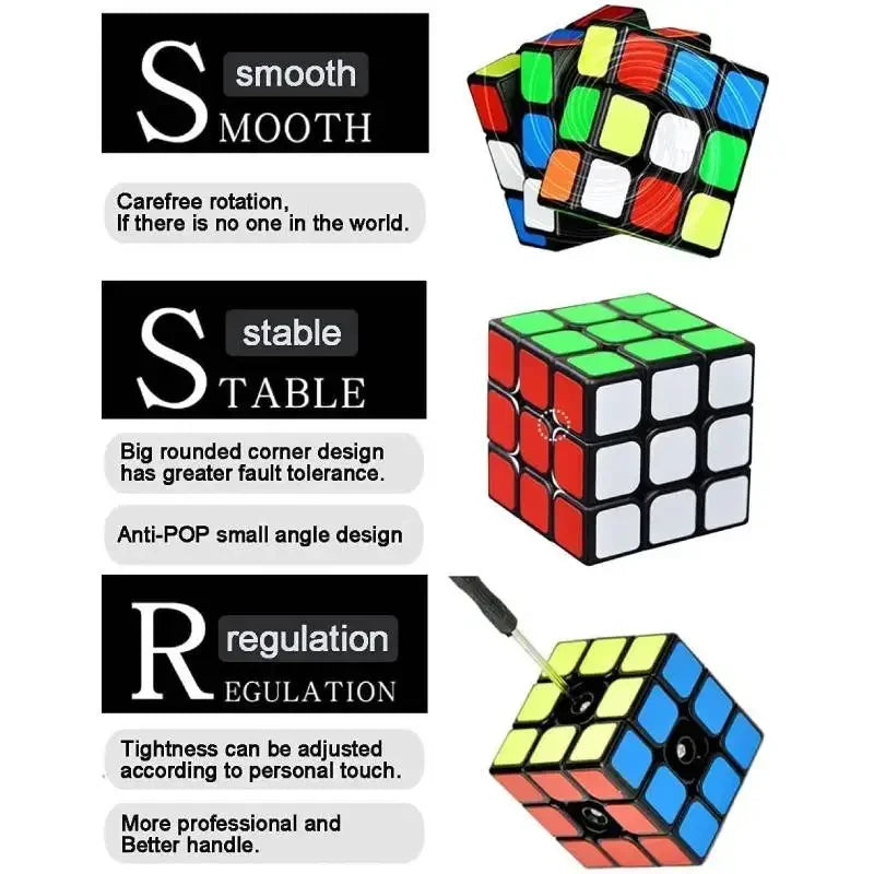 Rubik's Cube with text describing features on a white background