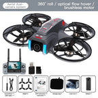 Drone with remote control, accessories, and packaging on a white background