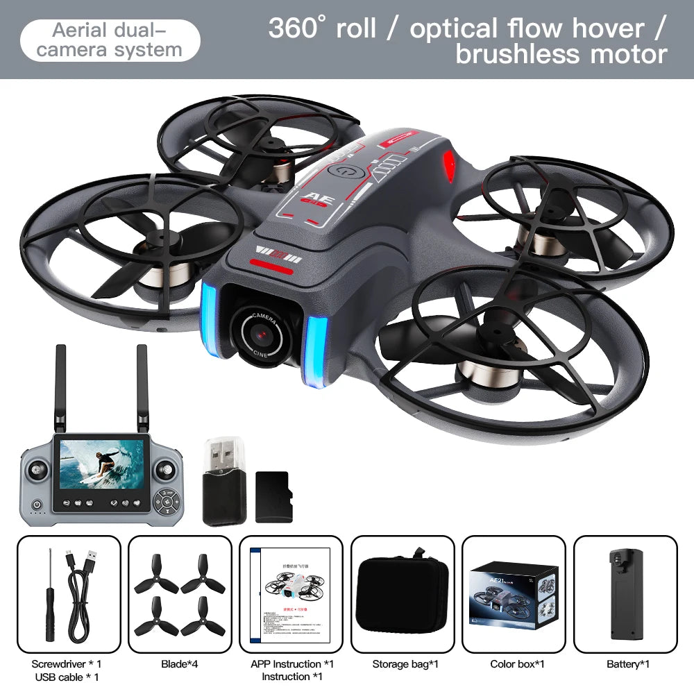 Drone with remote control, accessories, and packaging on a white background