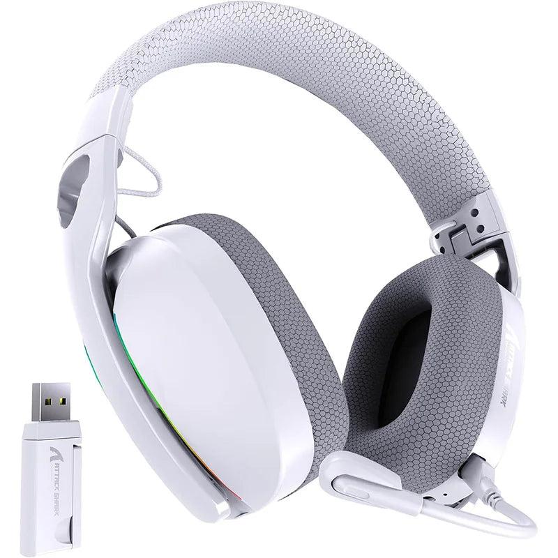 White gaming headset with USB adapter on a white background