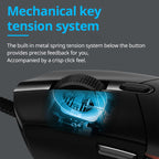 Close-up of a mechanical key tension system with text on a dark background