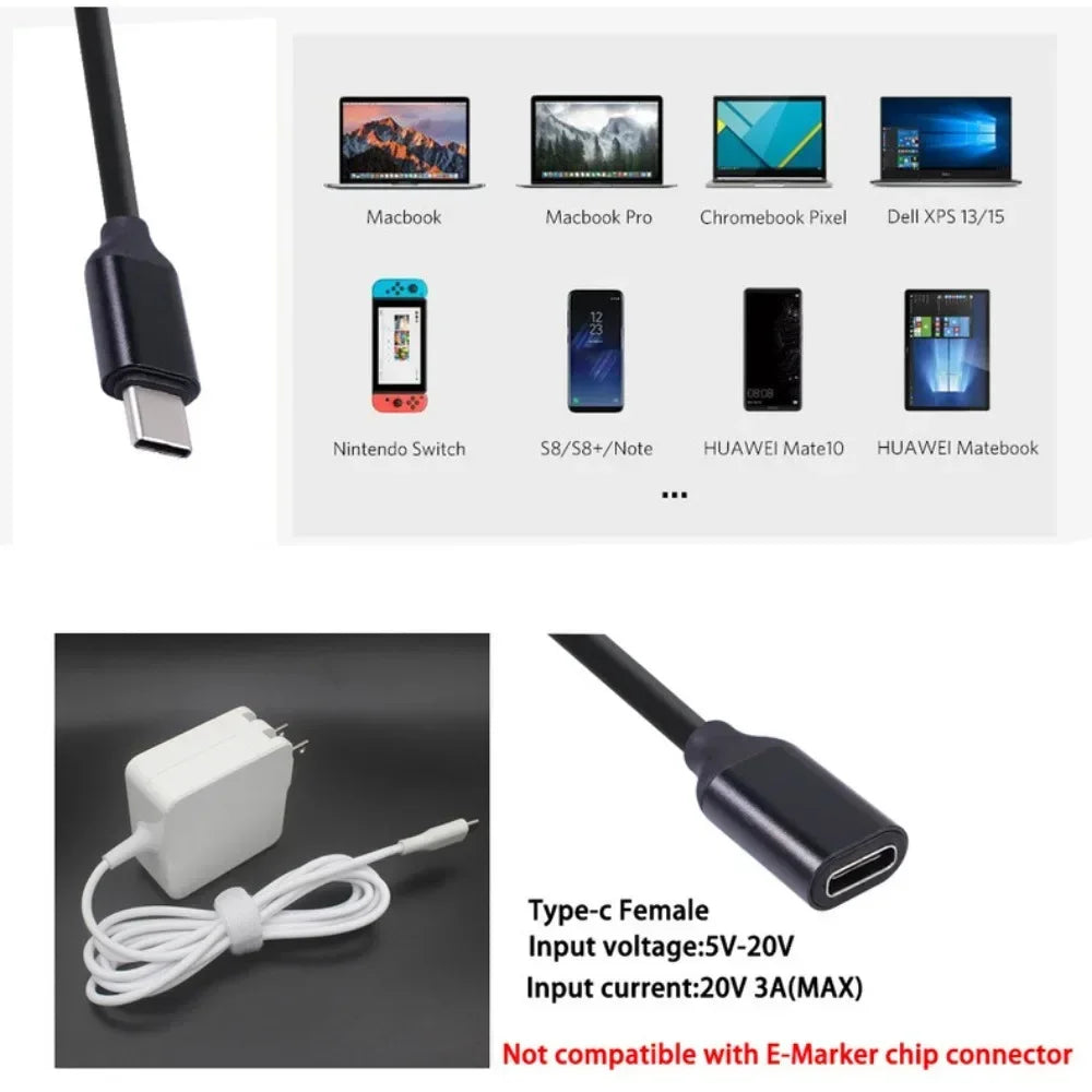 USB-C adapter with compatibility chart for various devices on a white background