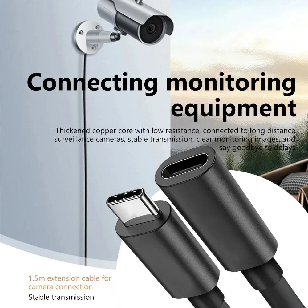 Monitoring equipment extension cable with text on a blurred USB-C Type-C Male to Female Extension Cable 60W 3A – Gold-Plated Fast Charging & Data Extender Cord (0.5m / 1m / 1.5m)background