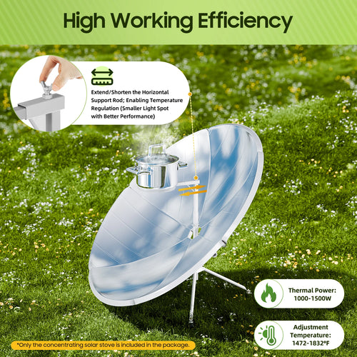 Solar concentrator on grass with text about high working efficiency and thermal power.