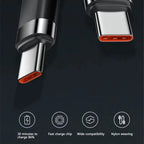 Close-up of a USB-C cable with connectors on a dark background, featuring text about charging speed and features. Dual Type C charging Cable.