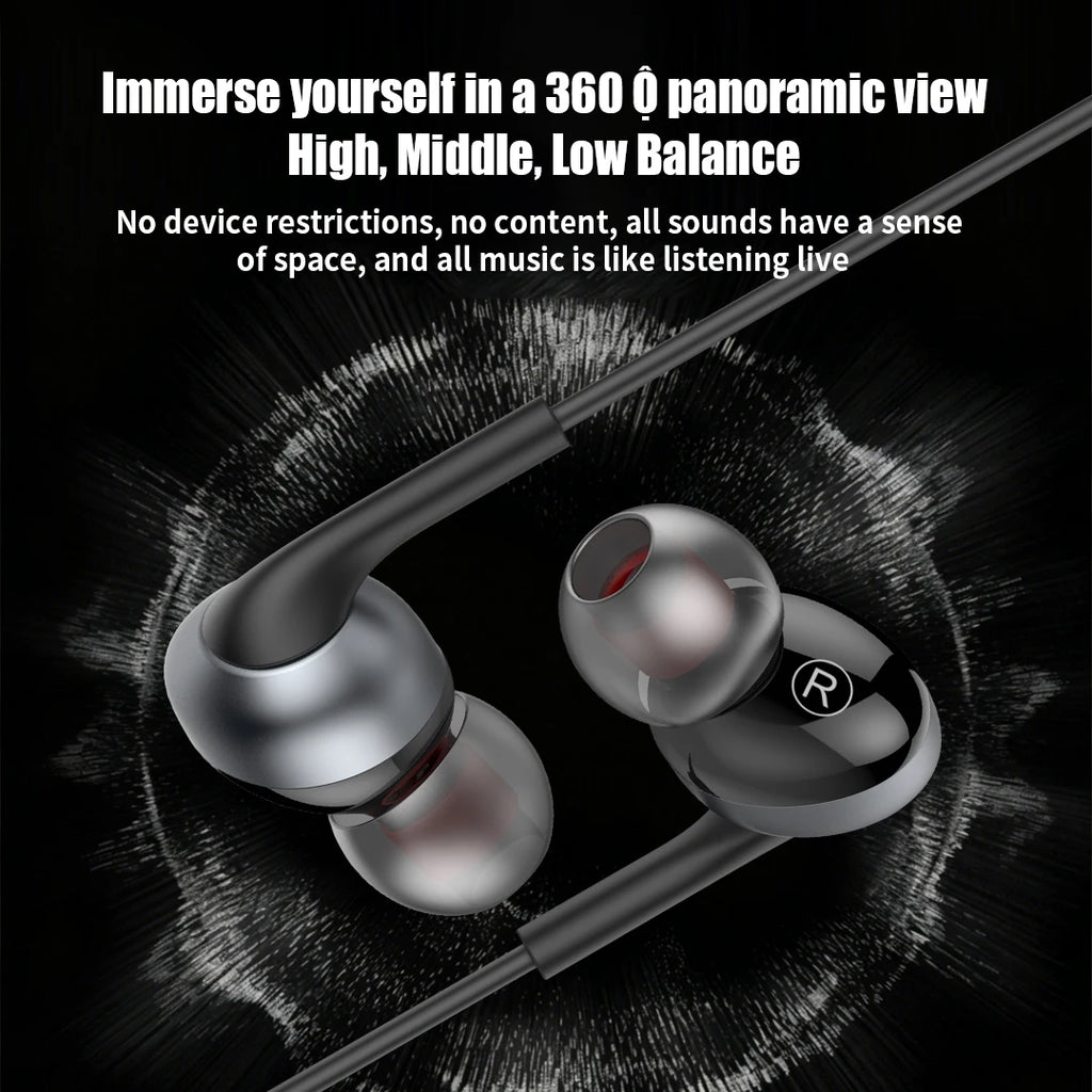 In-ear headphones with text about 360-degree panoramic sound quality on a dark background
