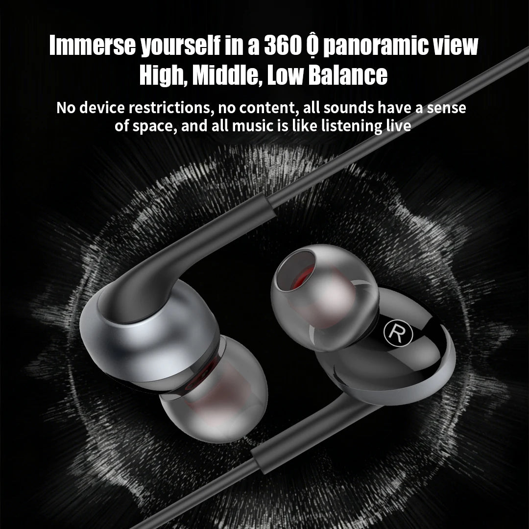 In-ear headphones with text about 360-degree panoramic sound quality on a dark background