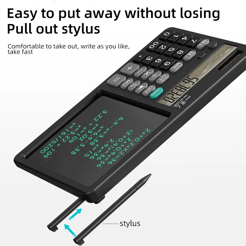 A black digital calculator with an integrated display screen showing green math equations, shown on a light gray background with promotional text and a stylus.