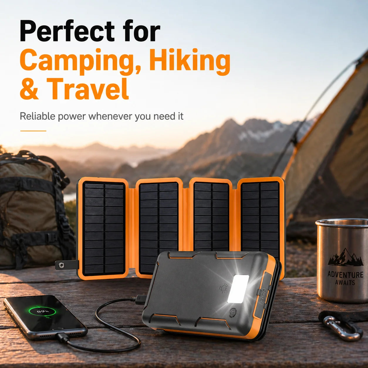 Portable 50000mAh Solar Power Bank 5V – Foldable Solar Charger with LED Flashlight for Outdoor Use