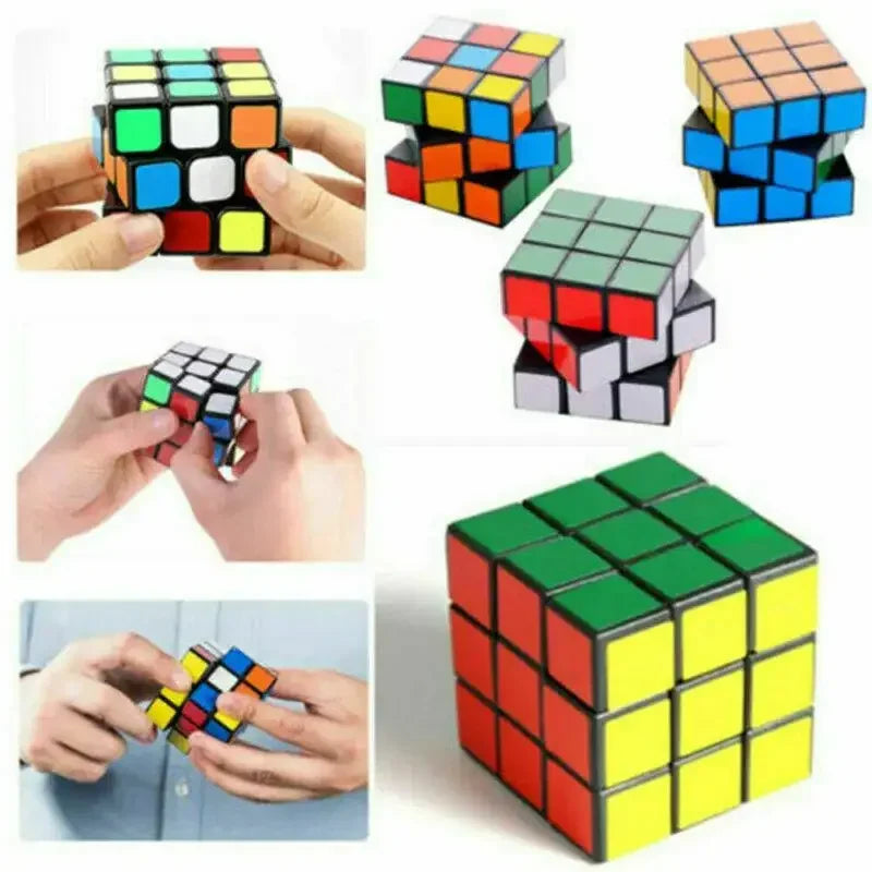 Collage of Rubik's Cube puzzles in various stages of solution.