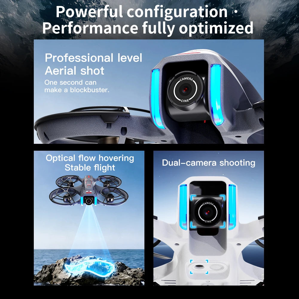 Drones with camera equipment on a scenic background, highlighting features like professional-level aerial shots and stable flight.