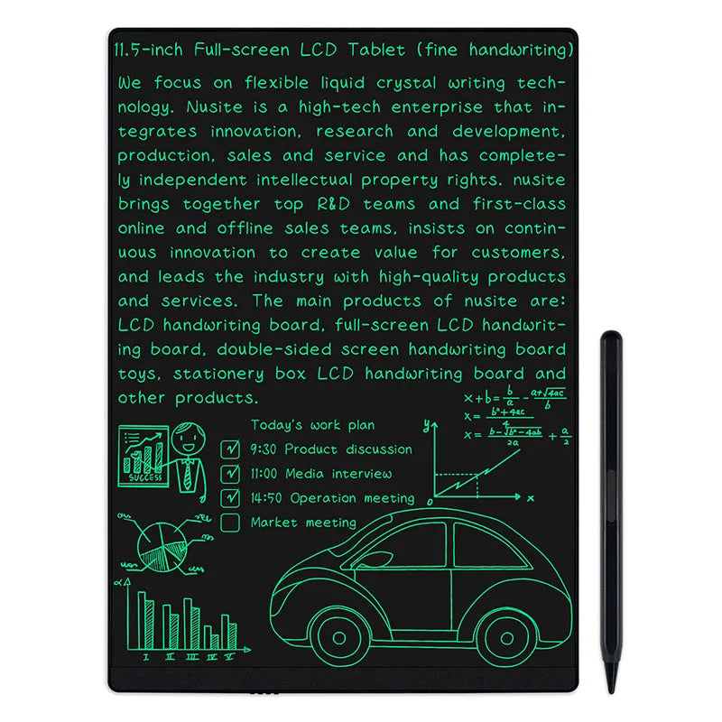 11.5-inch full-screen LCD tablet with green text and a car illustration on a white background
