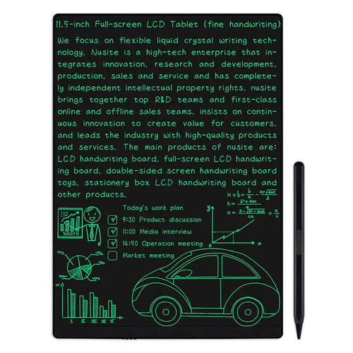11.5-inch full-screen LCD tablet with green text and a car illustration on a white background