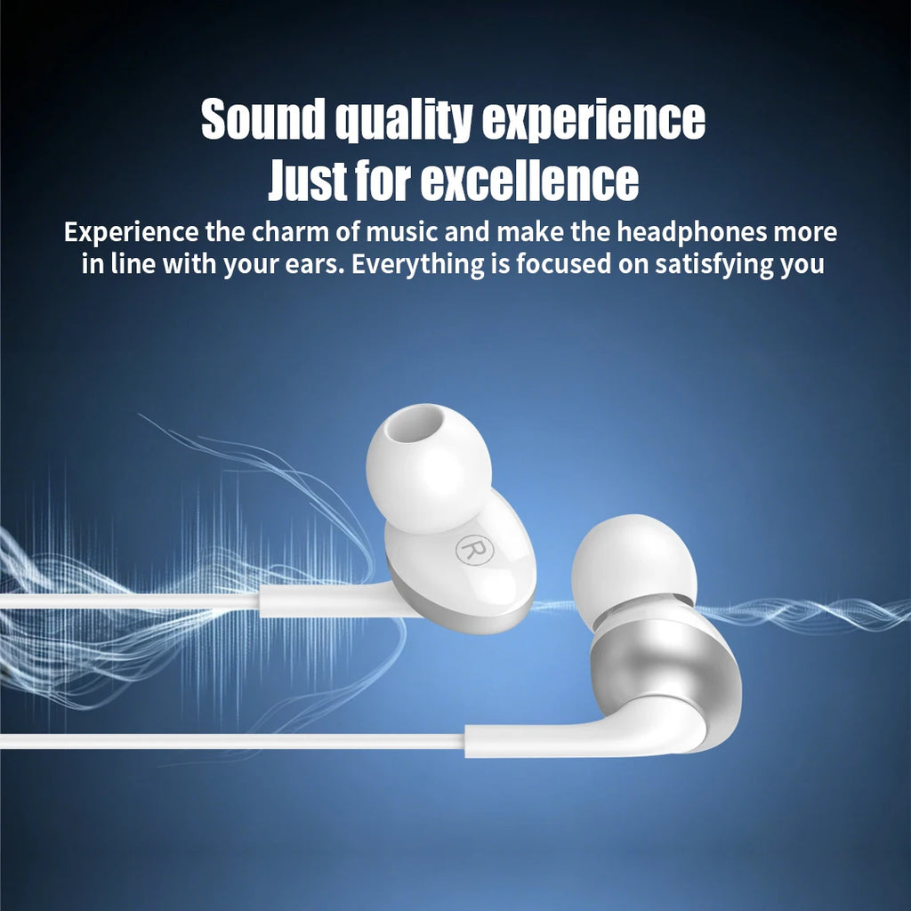 White earphones on a blue background with text about sound quality experience.