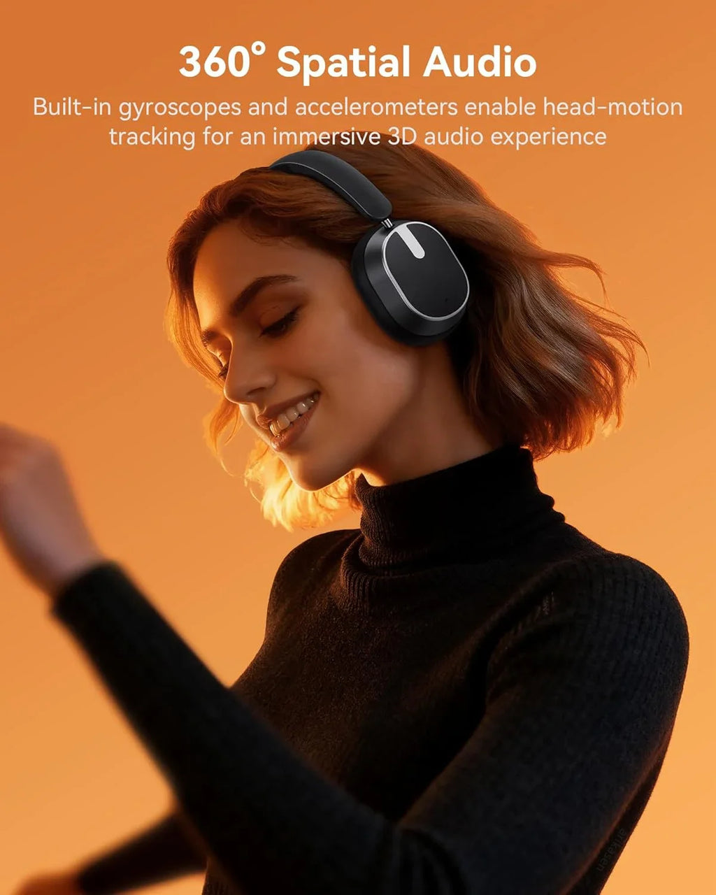 Woman wearing headphones with 360° Spatial Audio text on an orange background