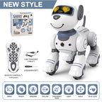 Smart robot dog with remote control, USB cable, and screwdriver on a white background
