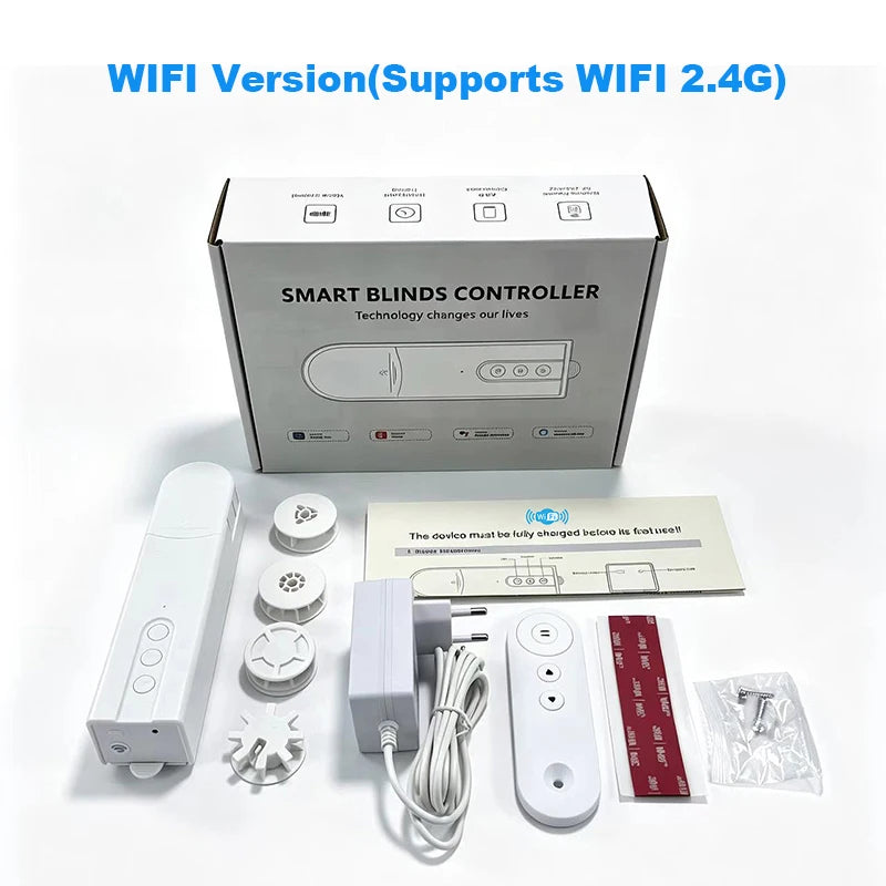 Smart blinds controller packaging with accessories on a white background