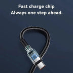 Fast charge chip with braided cable on a dark background. Dual Type C charging Cable.
